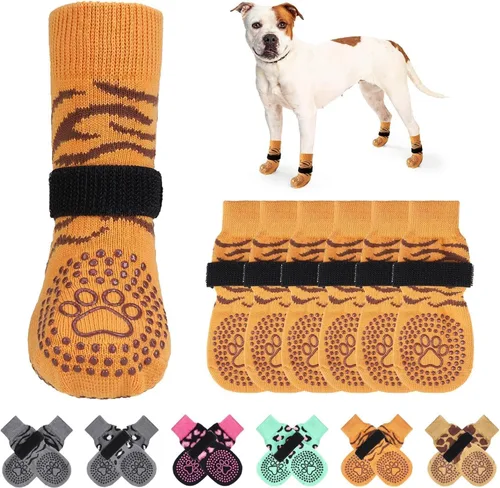 Vista 17 de KOOLTAIL Calcetines antideslizantes para perros para pavimento caliente, 3 pares de botas de perro y protectores de patas para evitar lamer