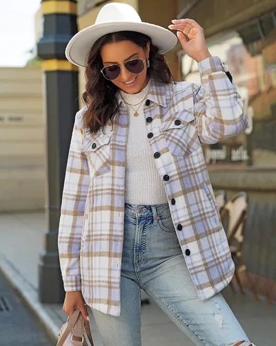 Vista 3 de GRAPENT Chaqueta acolchada con botones a cuadros de gran tamaño para mujer