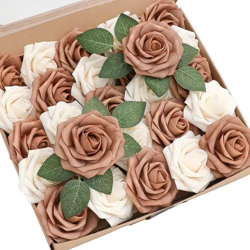 Vista 24 de Floroom Flores artificiales, 25 piezas de rosas falsas de espuma dorada antigua de aspecto real con tallos para ramos de boda DIY, centros de mesa