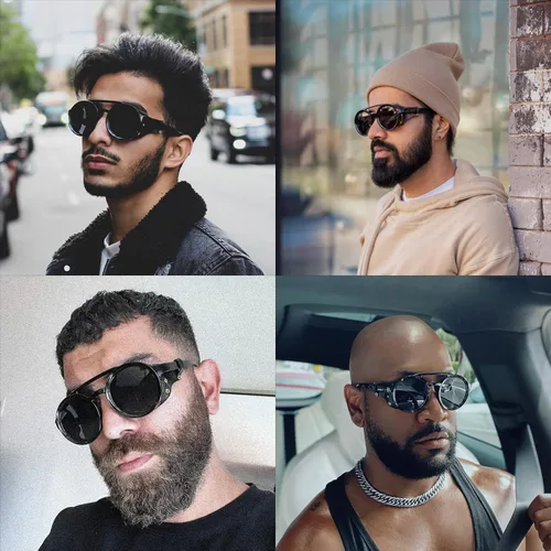 Vista 7 de Technigadgets Finnegan Steampunk - Lentes de sol retro para hombre y mujer, con escudo lateral de cuero, doble puente de plástico, marco