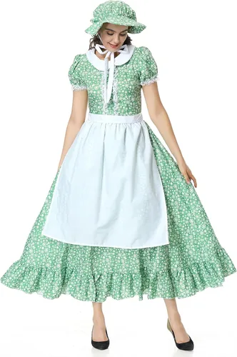 Vista 5 de GRAJTCIN Disfraz de mujer pionera, vestido de pradera colonial, manga corta, disfraz histórico de Halloween