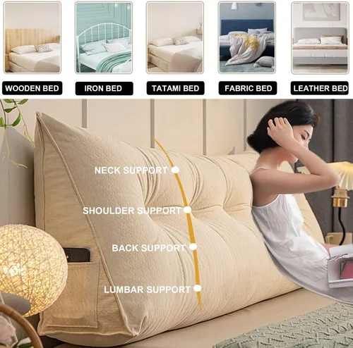 Vista 4 de Almohada grande de cuña de lectura, cojín de terciopelo para cabecero, respaldo triangular, color liso, para cama de día, litera, dormitorio