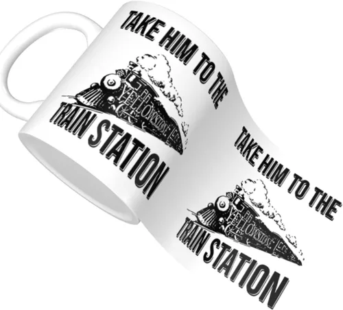 Vista 2 de Taza de café con texto en inglés "Take Him To The Train Station", regalo de cumpleaños, Navidad, 11 onzas