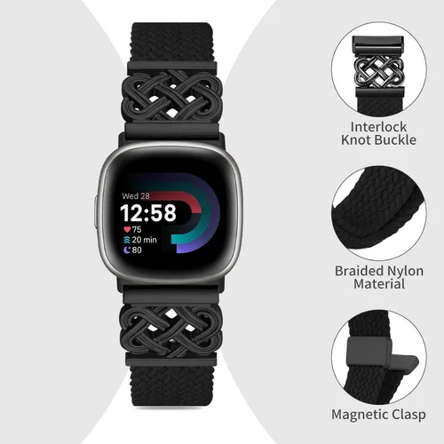 Vista 3 de Correa trenzada compatible con Fitbit Versa 4 bandas para mujer/Versa 3/Sense 1/Sense 2, cierre magnético, tela de nailon con correas de hebilla