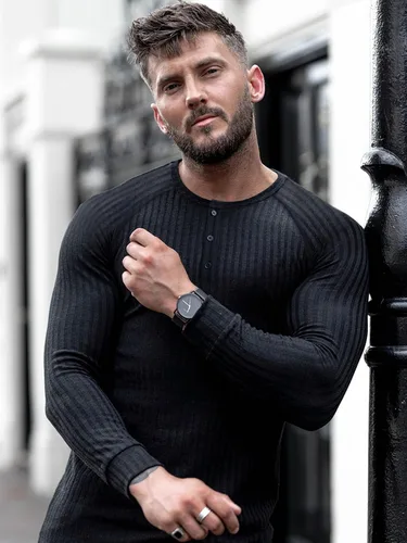 Vista 2 de Camisetas de algodón para hombre, estilo Henley, ajustadas, casuales, de manga larga y corta, elástica, para entrenamiento