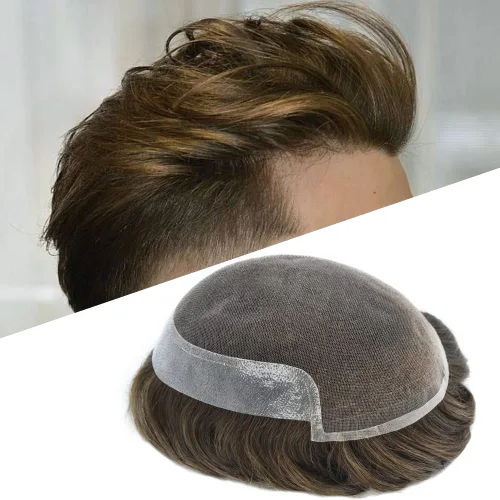 Vista 9 de Toupee para hombres sistemas de reemplazo de piel sintética con encaje suizo para hombre, nudos blanqueados, línea capilar natural para hombres