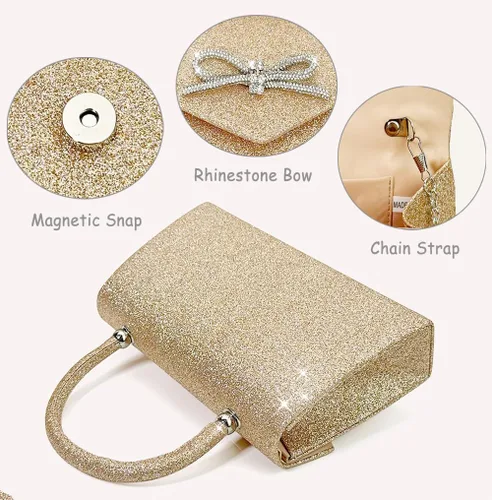 Vista 4 de Bolso de noche para mujer, con lazo brillante, bolso de mano para boda, fiesta, monederos con diamantes de imitación con purpurina para cóctel
