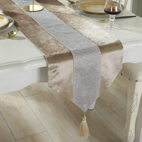 Vista 3 de Camino de mesa largo con lentejuelas y diamantes de imitación y borlas para comedor, Navidad, boda, fiesta, decoración de mesa