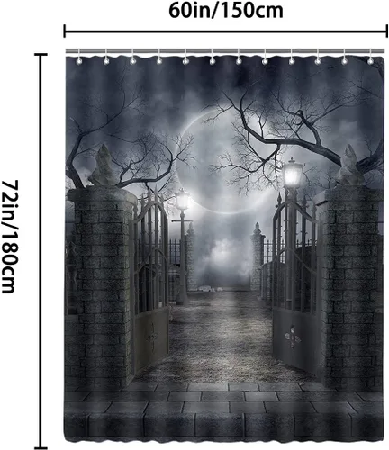 Vista 6 de Cortina de ducha de Halloween para baño, noche aterradora, patio, puerta, luna espeluznante, árbol muerto, lámpara de calle, poliester, impermeable
