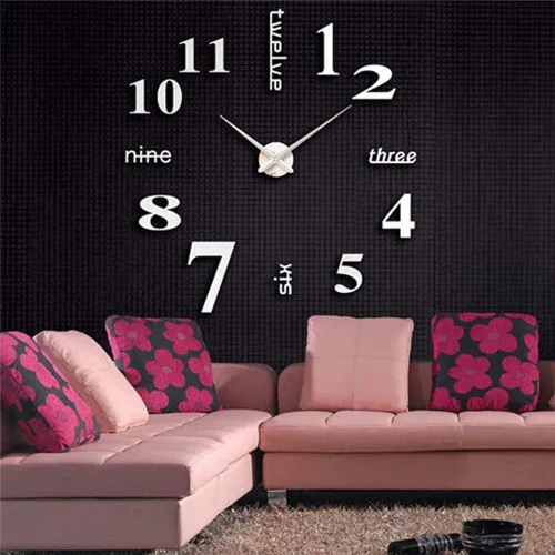 Vista 5 de Reloj de pared con superficie de espejo 3D, moderno reloj de pared 3D con calcomanías de números de espejo, silencio, sin marco, grande, kit