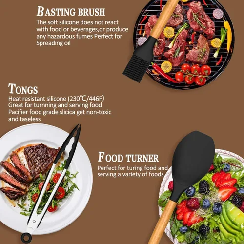 Vista 5 de Umite Chef Juego de utensilios de cocina, 33 piezas de espátulas de cocina de silicona antiadherentes con soporte, mango de madera juego de Negro