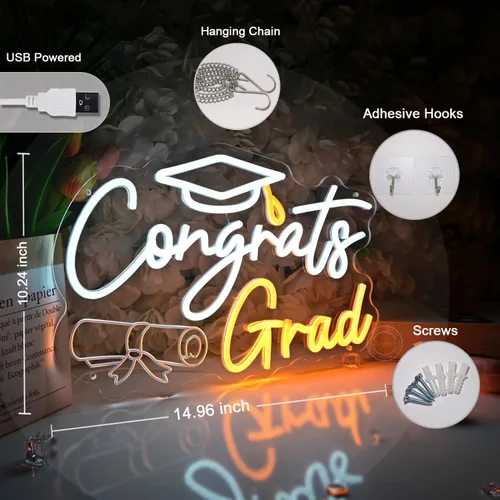 Vista 3 de Britrio Letrero de neón con texto en inglés "Congrats Grad" para graduación, celebración, fiesta, decoración iluminada, clase de 2026