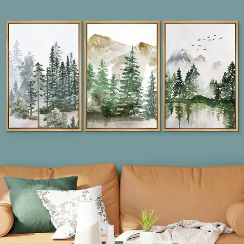 Vista 532 de SIGNWIN Lienzo enmarcado para pared, juego de arte pastel con cadena montañosa, bosque, niebla, naturaleza silvestre, ilustraciones modernas, arte
