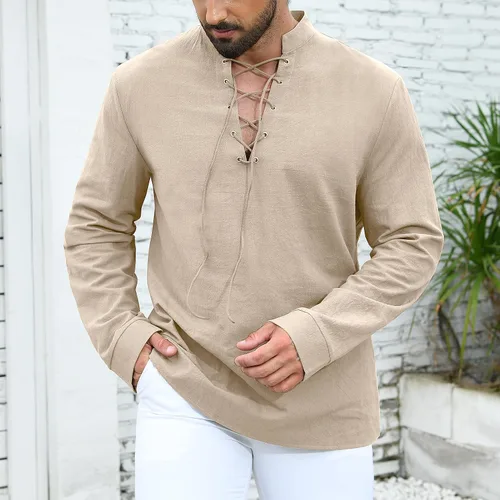 Vista 2 de Camisa medieval renacentista pirata para hombre, manga larga, vikinga, gótica, steampunk, Halloween, cosplay, fiestas