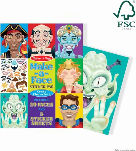 Vista 6 de Melissa & Doug Make-a-Face - Bloc de calcomanías - Personajes locos, 20 caras, 5 hojas de calcomanías