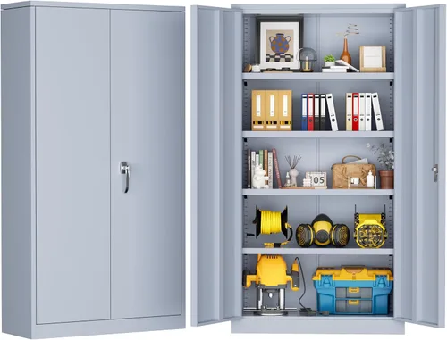 Vista 15 de Greenvelly Armario de almacenamiento de metal de 72 pulgadas de alto con 2 puertas y 4 estantes ajustables, gabinete de metal negro con cerradura