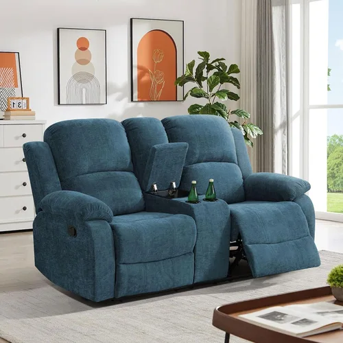 Vista 20 de Juego de sofá reclinable manual para sala de estar, juego de muebles de 3 piezas, sofá reclinable de tela Courduroy y dos sillas con mesa Azul