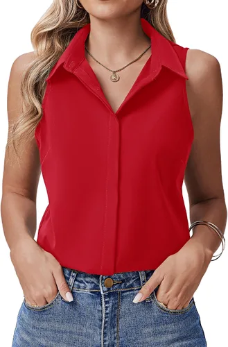 Vista 10 de HOTOUCH Camisas sin mangas con botones ocultos para mujer, frente con botones ocultos, cuello, blusas casuales elegantes holgadas para oficina
