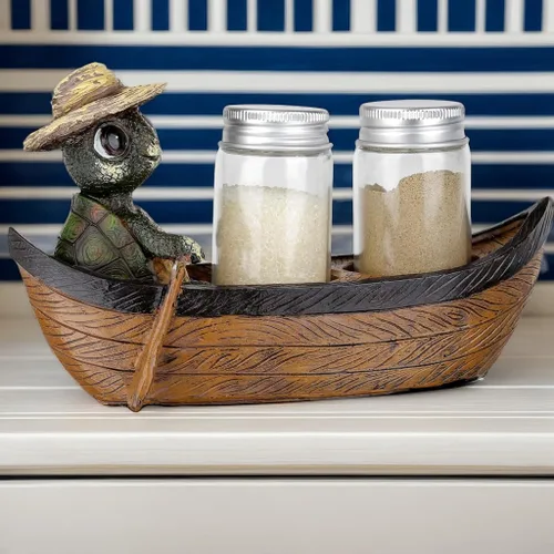Vista 5 de Turtle in Rowboat - Juego de salero y pimentero, decoración de cocina náutica costera, figura de tortuga con 2 tarros de especias de vidrio