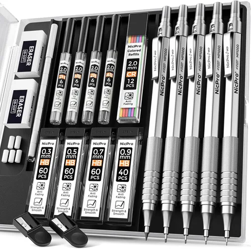 Vista 9 de Nicpro Black Art - Juego de 5 lápices de dibujo de metal de 0.3, 0.5, 0.7, 0.035 in y 0.079 in, soporte de plomo de grafito para dibujar y dibujar