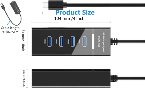 Vista 7 de USB 3.0 4-Port Hub Data 5Gbps Splitter USB Extender con indicador LED y cable extendido 9.8in/25cm para PC Flash Drive Laptop Impresora HDD móvil