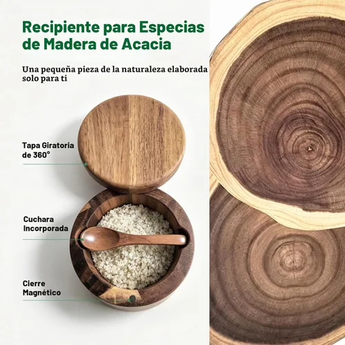 Vista 3 de ThougrLyh Bodega de sal, recipientes de sal de madera de acacia con tapa Caja de sal de madera de acacia