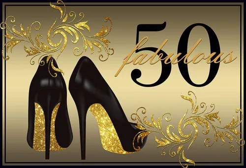 Vista 2 de Fondo dorado para fotos de 50 tacones altos Champagne Woman 50th Happy Birthday Party Banner para fotografía de 8 x 6 pies