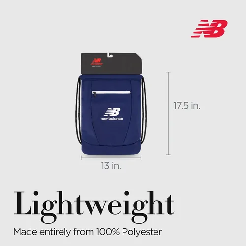 Vista 5 de New Balance Mochila con cordón, pequeña bolsa de viaje para gimnasio con bolsillo frontal con cremallera, saco deportivo para hombres y mujeres