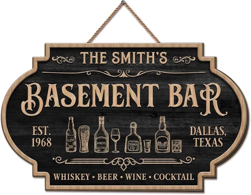 Vista 23 de Placa de pared personalizada con letrero de madera con texto en inglés "Welcome To Our Bar" (NO REAL CARVED), decoración de barra de sótano, sala