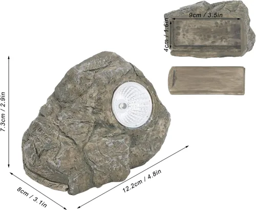 Vista 2 de Oculta una llave exterior impermeable falsa para llaves de roca, adorno de roca falsa de resina con luz LED, caja de bloqueo de almacenamiento