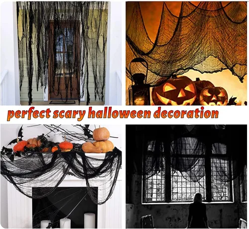 Vista 6 de LessMo Tela espeluznante negra de Halloween de 200 x 80 pulgadas para decoración de fiesta al aire libre, tela espeluznante de gasa, elástica