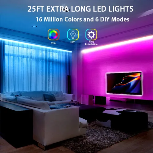 Vista 2 de Dalattin - Tira de luces LED para dormitorio de 25 pies, kit de tiras de luces LED RGB 5050 con cambio de color, control remoto de 44 teclas