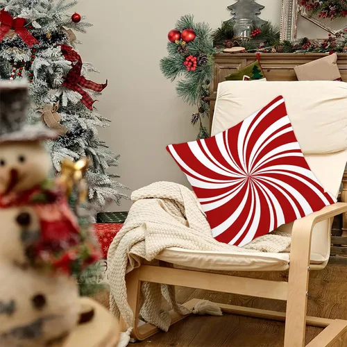 Vista 4 de GOOESING Fundas de almohada de Navidad con remolinos rojos, 16 x 16 pulgadas, diseño de bastón de caramelo dulce, doble remolino, color rojo