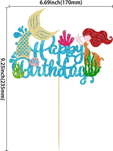 Vista 2 de Gyufise 1 pieza de decoración de pastel de sirena de feliz cumpleaños con purpurina de animales del océano, conchas marinas, cola de sirena
