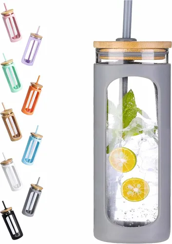 Vista 50 de Kodrine Vaso para agua de vidrio de 20 onzas con popote y tapa, botella de agua con tapas de bambú, taza para café helado, reutilizable, boca ancha