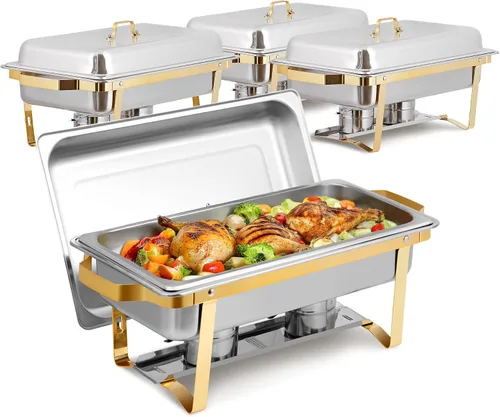 Vista 13 de SUPER DEAL Paquete de 2 calentadores de alimentos de 9 cuartos de galón, juego de bufé rectangular con patas de marco plegable, plato de acero