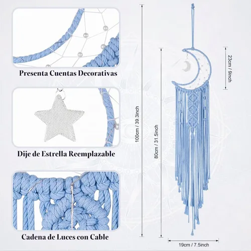 Vista 6 de Atrapasueños de luna de macramé para niña, atrapasueños de media luna azul estilo bohemio para dormitorio de adultos, adorno hecho a mano