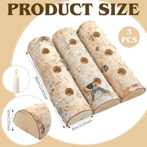 Vista 3 de Roowest Portavelas de madera de abedul de Navidad, 3 piezas, decoración de madera de abedul decorativo para chimenea, decoración interior, centros