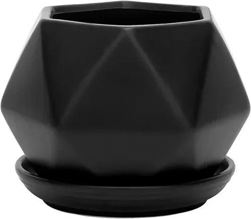 Vista 2 de Napco Maceta geométrica de cerámica negra mate para plantas de interior con platillo, 3.75 pulgadas, grande (paquete de 2)