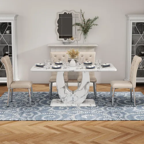 Vista 7 de Moderno juego de mesa de comedor de mármol sintético para 4, mesa de cocina rectangular blanca de 63 pulgadas con elegante base de pedestal