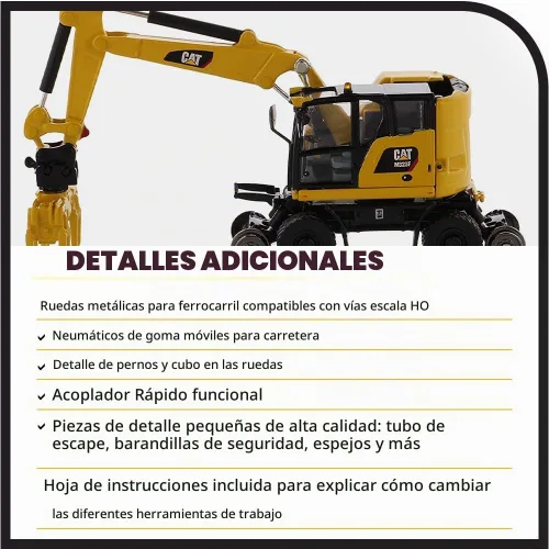 Vista 6 de Diecast Masters CAT Caterpillar M323F Excavadora de ruedas de ferrocarril con 3 accesorios High Line Series 1/87 (HO) Escala Diecast Modelo 85612