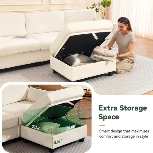 Vista 7 de Sofá modular de 109 pulgadas, sofá en forma de L con otomana de almacenamiento, cómodo sofá nube con asiento profundo, sofás seccionales Beige