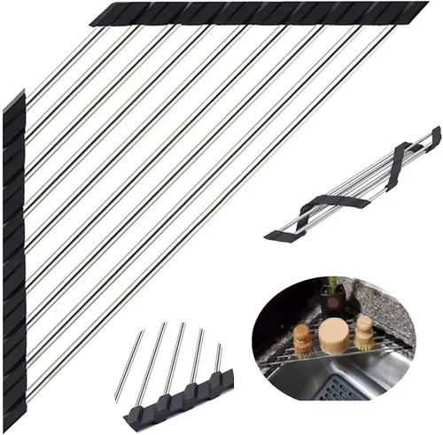 Vista 6 de Escurridor de Platos Triangular para Esquina de Fregadero Enrollable Escurridor de Platos Plegable de Acero Inoxidable Multiusos Sobre el Fregadero