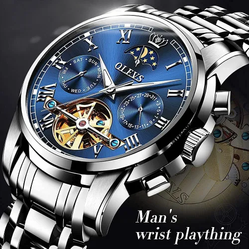 Vista 8 de OLEVS Relojes de cuerda automática para hombre, reloj de pulsera mecánico con diseño de esqueleto Tourbillon, relojes automáticos de acero