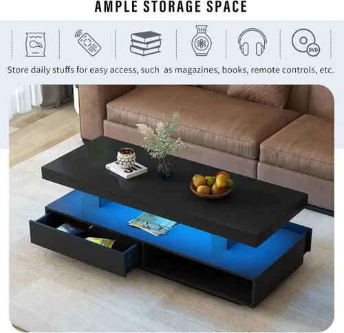 Vista 5 de Polibi Mesa de centro LED con almacenamiento, mesa central moderna con 2 cajones y estantes de exhibición, muebles decorativos con luces LED