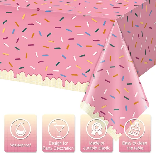 Vista 3 de 3 Piezas Mantel de Donas con Chispitas, Mantel de Mesa de Helado Rosa, Cubiertas de Mesa Rectangulares de Plástico Desechable para Niña Bebé Dulce