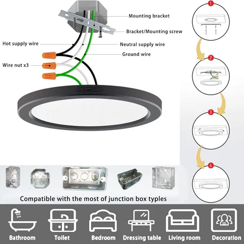 Vista 6 de Luces de Techo de 7 Pulgadas Montaje al Ras Ultra Delgadas 0.63'' de Grosor Redondas Planas Lámparas de Techo 5000K Luz de Día LED Luz de Techo