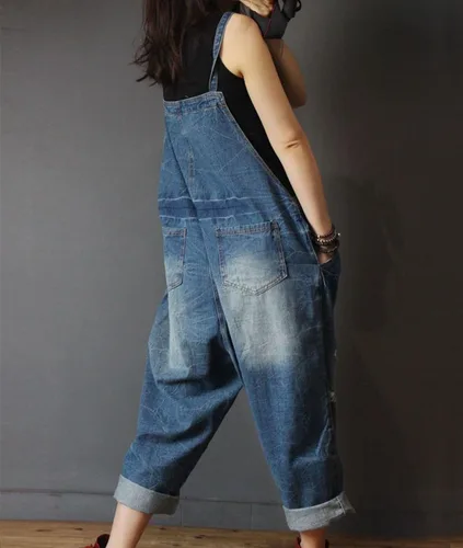 Vista 6 de YESNO P60 mujeres pantalones vaqueros recortados monos monos pintados a mano pulido desgastado casual holgado ajuste suelto, L