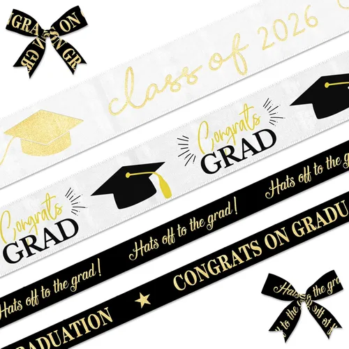 Vista 6 de 4 cintas de graduación, tapas blancas y rojas, para diploma, palabras de felicitación, grogrén, 5 yardas, cinta de fiesta de graduación
