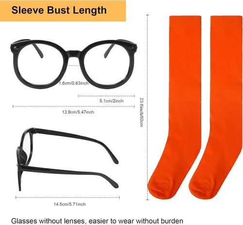 Vista 3 de Halloween Women Costume Set, Orange Turtleneck Mini Stretch Flared Skirt, Turtleneck Crop Top, High Socks, Glasses